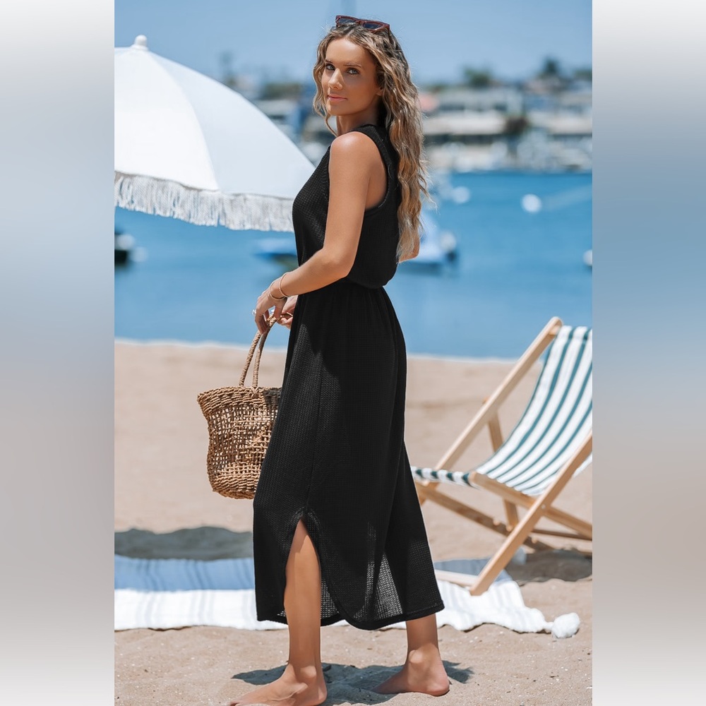 NWT Black Round Neck Sleeveless Dolphin Hem Midi Dress - Picture 3 of 4